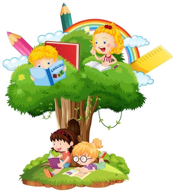 kids reading books under the tree on a white background