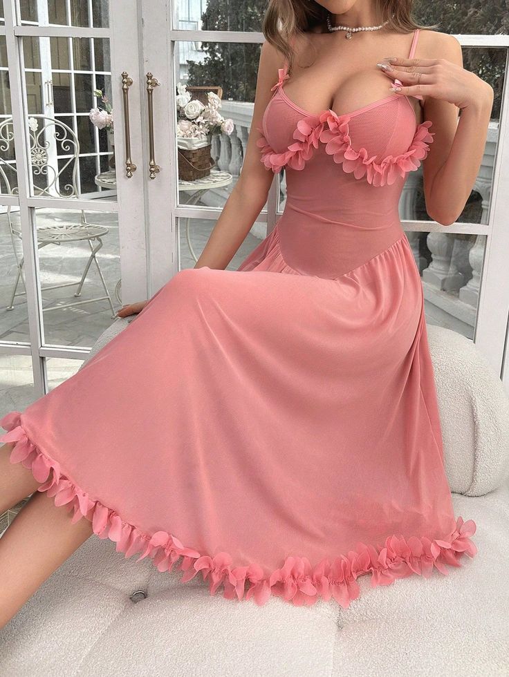 Pink Sleepwear Aesthetic, Silk Dress Nightwear, Dusty Pink Clothes, Elegant Lounge Wear, Dress Pyjamas, Bed Dress, Nightgown Romantic, Pink Night Gown, Sleep Dresses