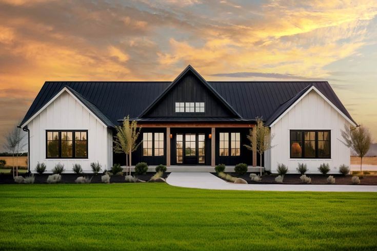 a large white house sitting on top of a lush green field under a cloudy sky