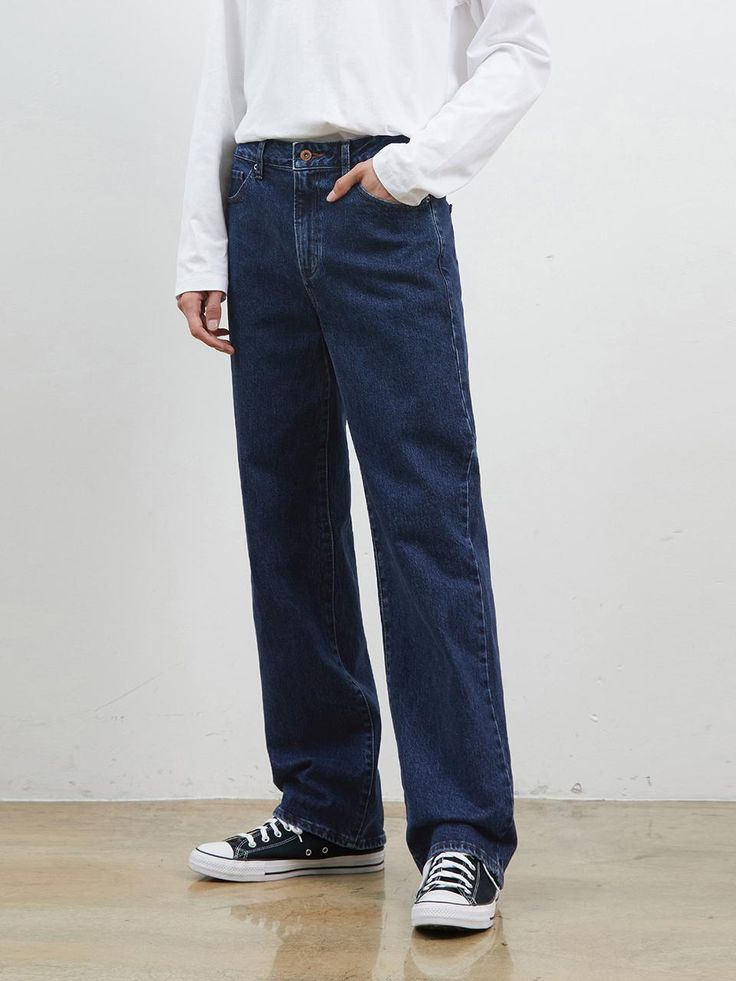 Composition : DENIM/ COTTON 98% POLYURETHAN 2%Country of Origin : KOREA Non-stretch Dark Wash Pants For Streetwear, Washed Denim Full-length Pants, Mid-rise Rigid Denim Pants For Streetwear, Non-stretch Washed Blue Denim Pants, Dark Wash Rigid Denim Full-length Pants, Denim Cotton, Wide Pants, Dark Blue, Composition