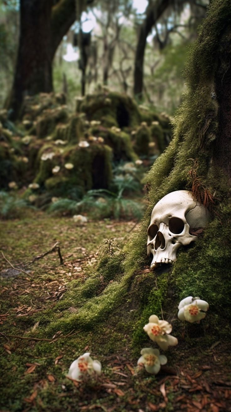 there is a skull in the mossy ground next to some mushrooms and trees with white flowers