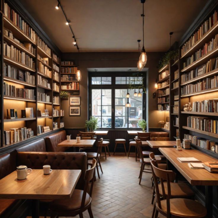 the interior of a restaurant with tables, chairs and bookshelves