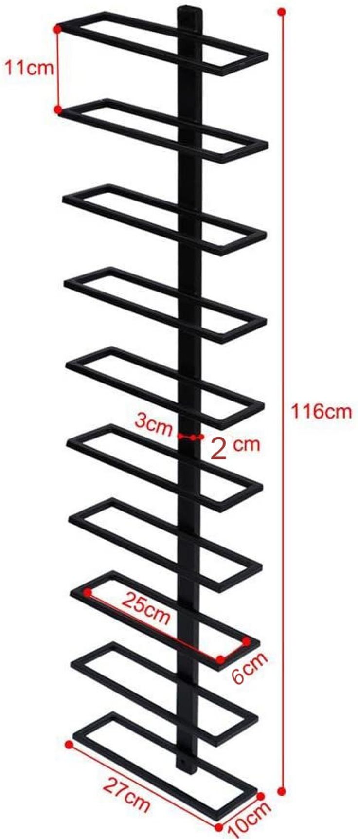 a black metal rack with four shelves and measurements