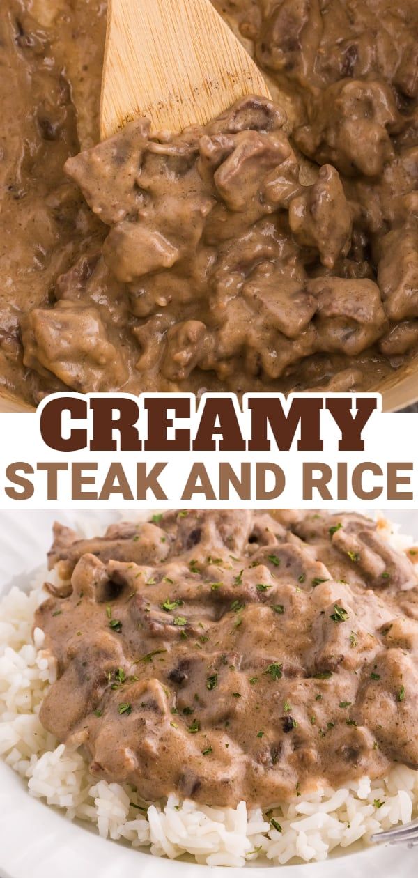 creamy steak and rice in a white bowl with a wooden spoon on the side that is topped with gravy