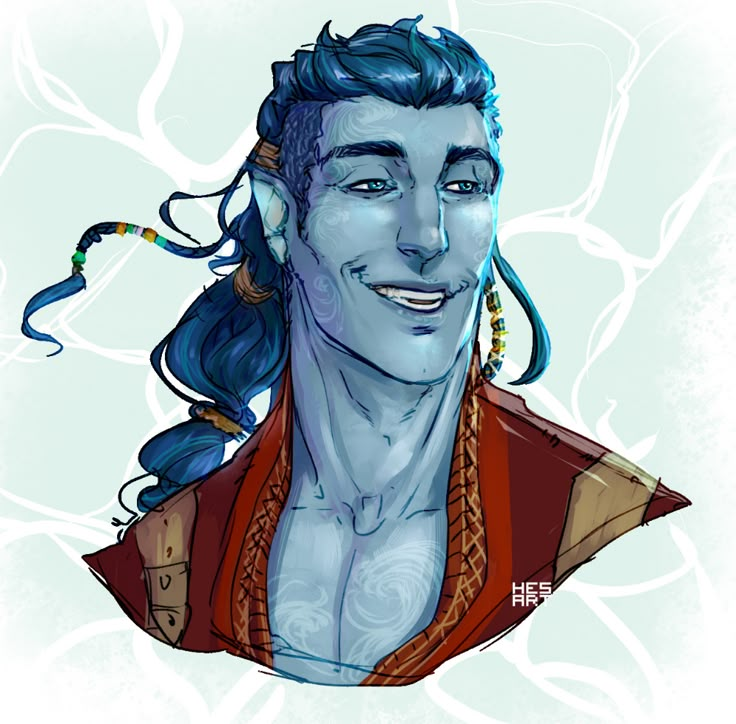 a drawing of a man with blue hair and piercings on his ears, smiling at the camera