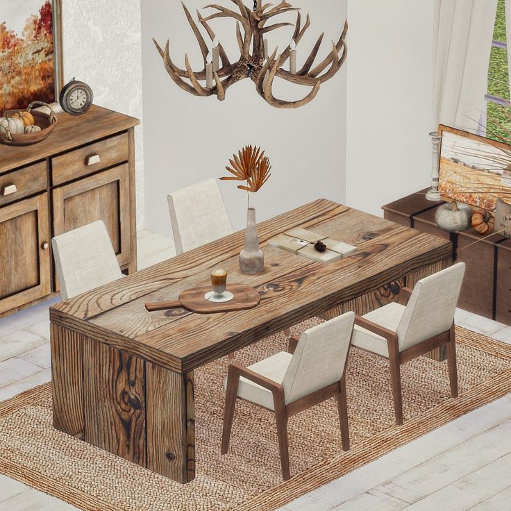 a wooden table with chairs and a vase on it