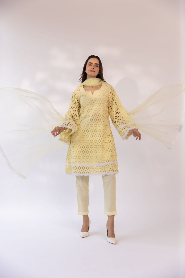 Featuring a butter yellow kurta set in cotton schiffli base detailed with laces. It is paired with matching pants and solid dupatta. Color: BUTTER YELLOW FABRIC: COTTON SCHIFFLI Delivery time 15 to 20 days Yellow Kurta, Pink Wrap, Butter Yellow, Pop Up Event, Matching Pants, Yellow Fabric, Thread Work, Kurta Set, Fabric Cotton