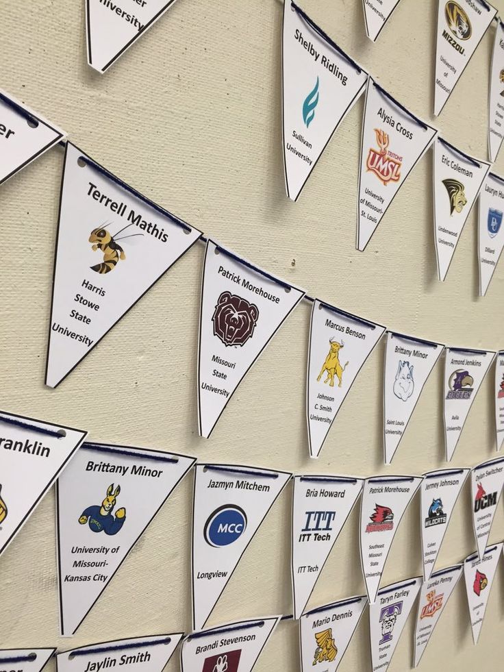 a group of pennants hanging from the side of a wall