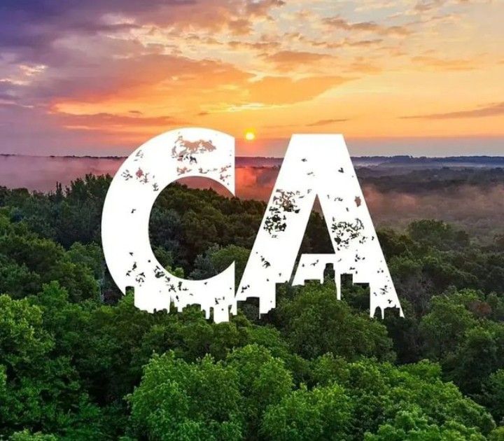 the words caa are in front of a sunset over some trees and foggy sky