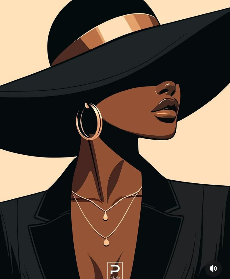 a woman wearing a large black hat and hoop earrings