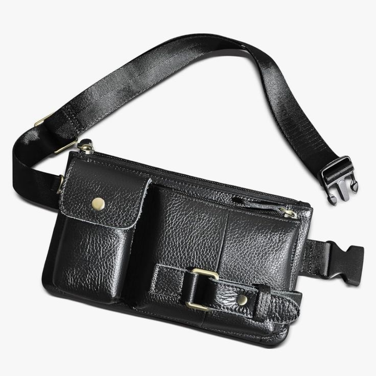 Black Leather Waist Bag 5 Pockets Adjustable Strap Brand New Never Used Casual Black Pouch For On-the-go, Casual Black Pouch For Everyday Use, Black Leather Pouch For On-the-go, Black Pouch Shoulder Bag With Pockets, Black Leather Pouch For Daily Use, Black Belt Bag With Mobile Phone Holder, Black Leather Pouch For Mobile Phone, Black Crossbody Casual Pouch, Black Chest Bag With Pockets For On-the-go