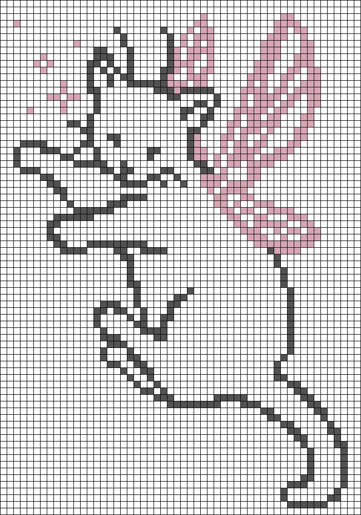 a cross stitch pattern with a cat wearing a tiara and holding a pink ribbon