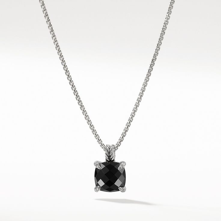 Sterling Silver • Faceted Black Onyx, Pavé diamonds, 0.05 total carat weight • Adjustable length, 17-18" • Pendant, 11mm • Lobster clasp Black Jewelry Necklace, Black Diamond Necklace, Antique Jewellery Designs, Black Gems, Topaz Necklace, Gem Necklace, Colorful Jewelry, Chatelaine, Black Jewelry