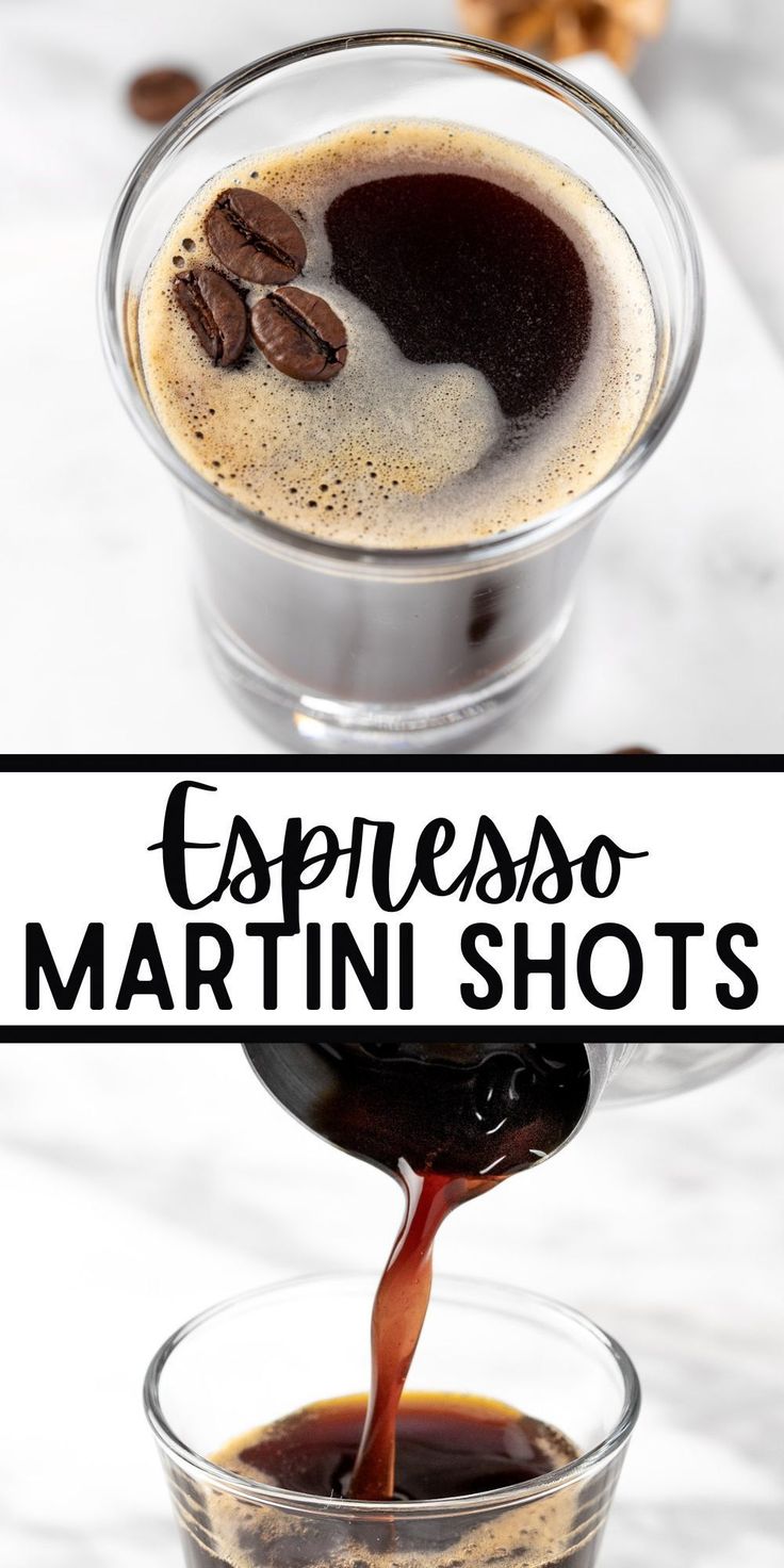 espresso martini shots with coffee being poured into them