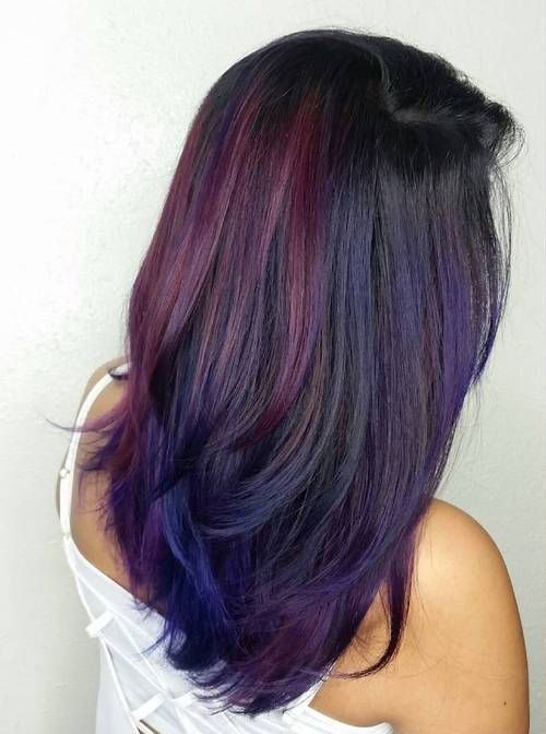 black hair with burgundy and blue balayage Indigo Powder For Hair, Dark Purple Hair, Balayage Bob, Purple Highlights, Blue Highlights, Highlights Brown Hair, Color Your Hair, Hair Color Highlights, Trendy Hair Color