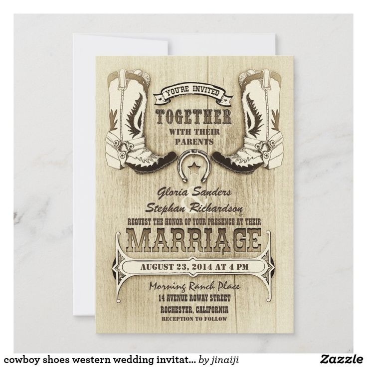 a wooden wedding card with cowboy boots on it and the words, together in white lettering