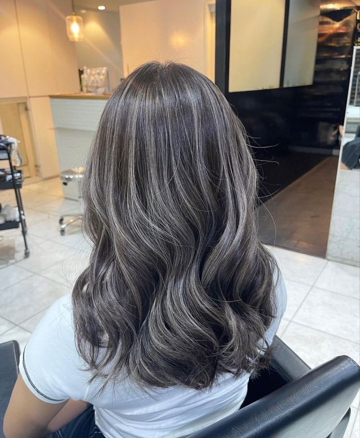 Grey Blonde Highlights On Dark Hair, Blended Babylights Brunette, Light Gray Highlights On Dark Hair, Balayage Hair Gray Ash Blonde, Ashy Grey Highlights On Dark Hair, Sal And Pepper Hair, Ash Brown With Gray Highlights, Smokey Ash Grey Hair, Grey Highlights In Black Hair