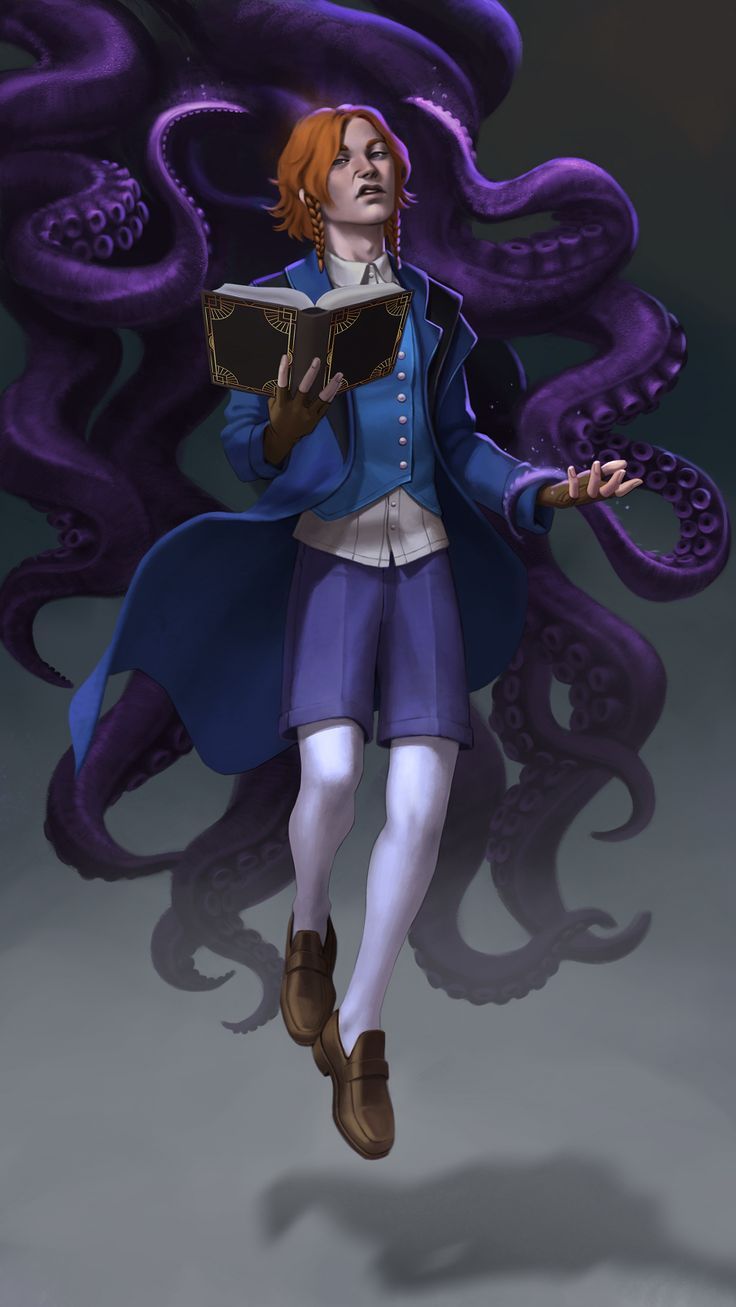 a cartoon character is flying through the air with an open book in his hand and purple tentacles behind him