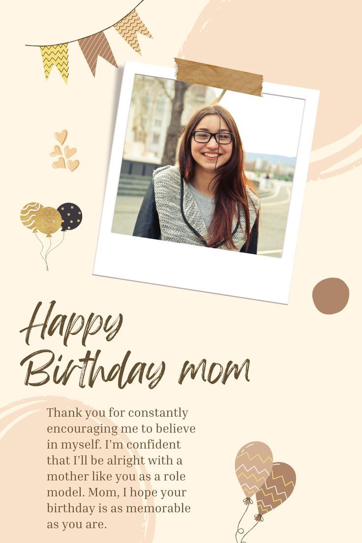 a birthday card with an image of a woman wearing glasses and balloons in the background