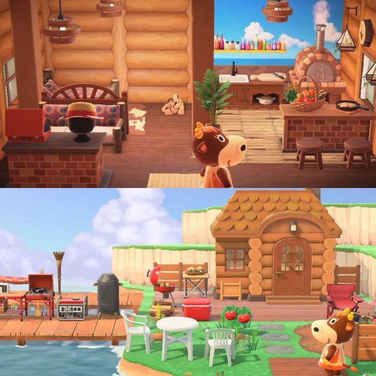 two screens showing the inside and outside of a house in animal crossing, which is decorated with