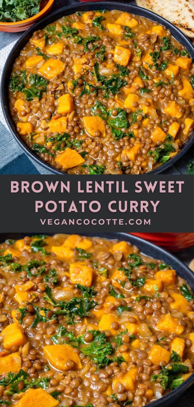 brown lentil sweet potato curry in a pan with bread and vegetables on the side