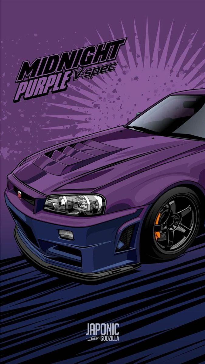 a purple car with the words midnight purple on it's front and back end