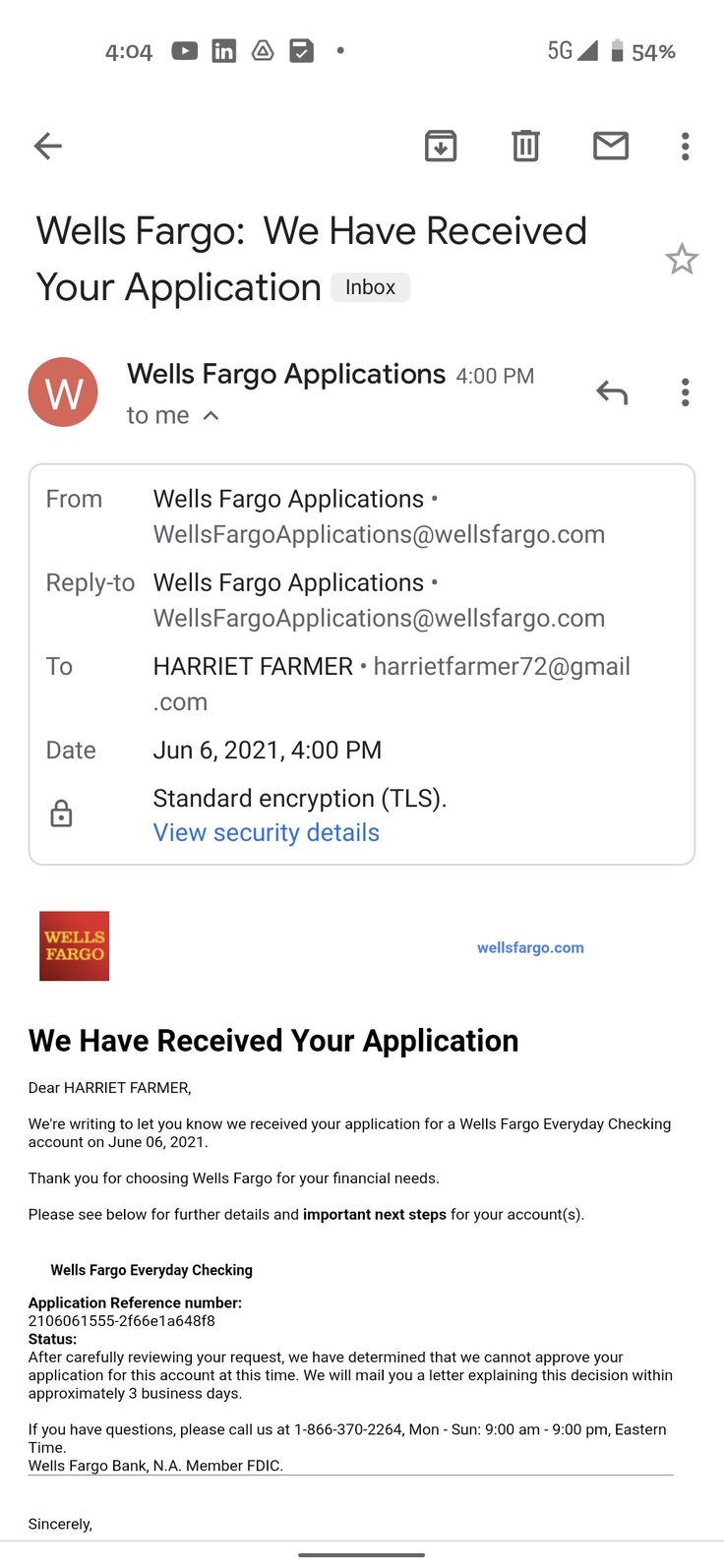 the web page for wellsfaro we have received an application to help with their application