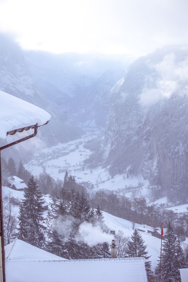 snow covered mountains and valleys in the distance, with trees on either side of them