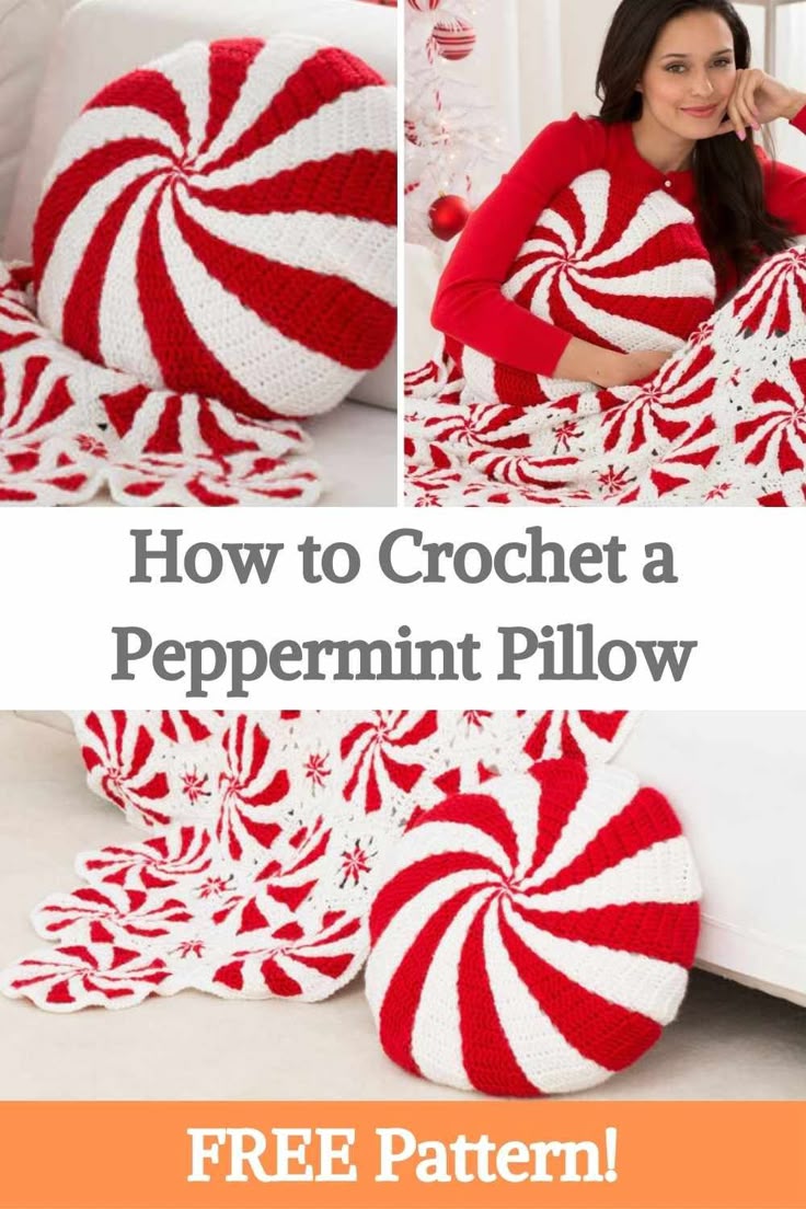 the crochet peppermint pillow is made with red and white striped yarn