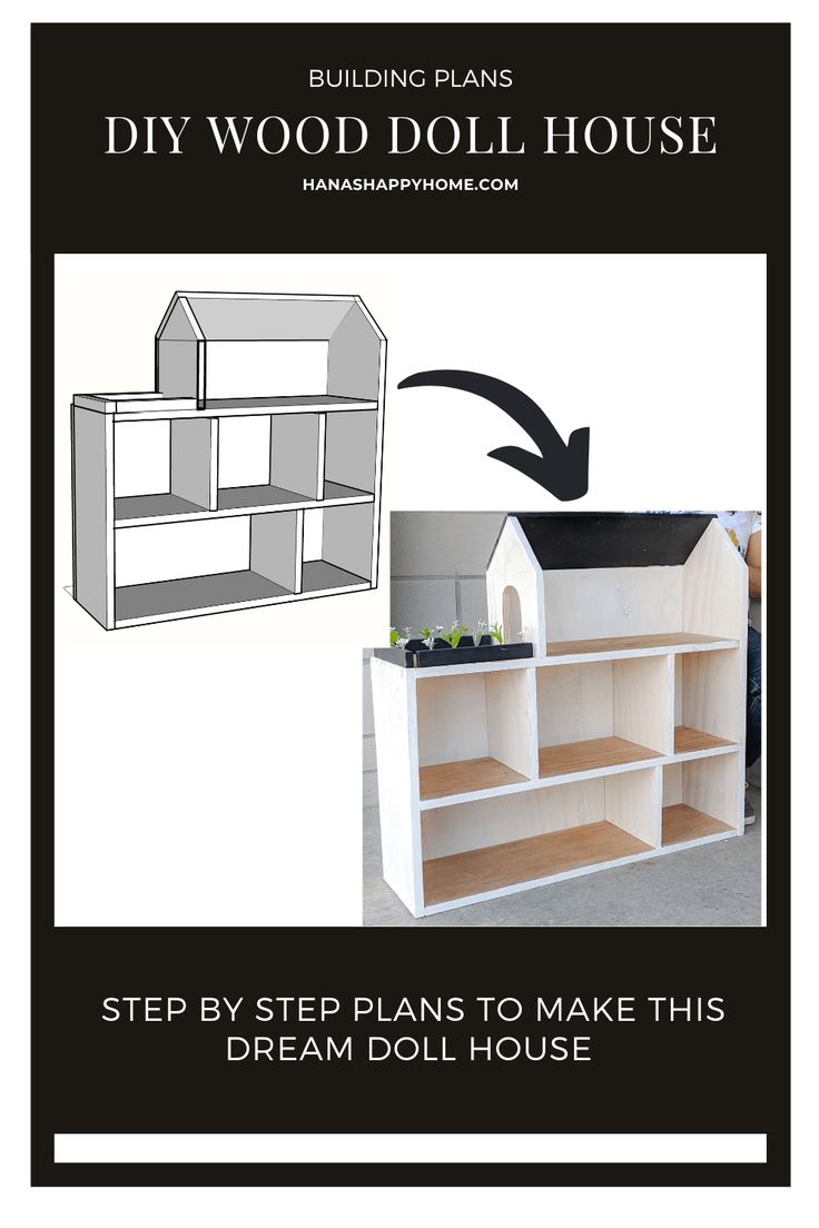 the diy wood doll house is shown with instructions to make it look like a dollhouse