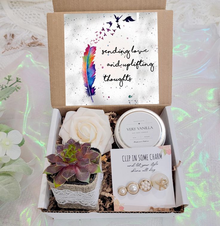 Note: For RUSH Orders, please purchase the Expedited Shipping option. There's a delay in delivery due to the holiday season if we use regular delivery Express heartfelt sympathy with this thoughtfully curated gift box. Inside, you'll find a calming soy candle, a vibrant and long-lasting succulent, and an elegant hair clip. Each box is paired with your choice of a sympathy card or a "A Beautiful Soul is Never Forgotten" card, offering comfort and care during times of loss. This serene and meaning Sending Condolences, Loss Of Mom, Comfort Box, Compact Mirror Personalized, Succulent Gift, Spa Gift Box, Sorry For Your Loss, Succulent Gifts, Love Thoughts