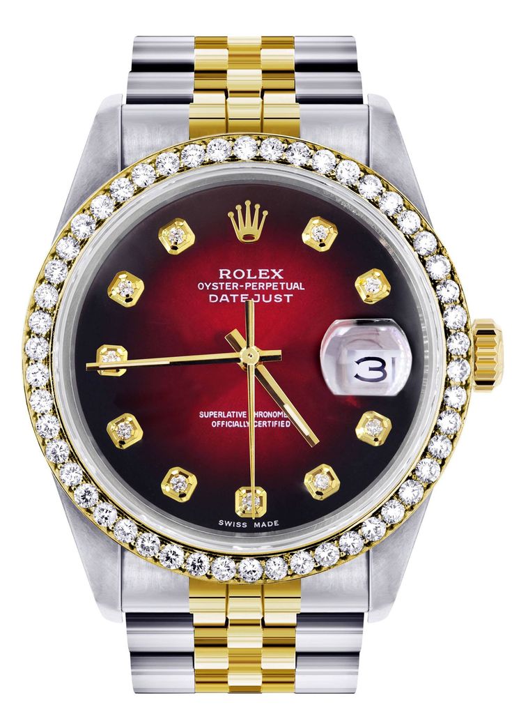 Gold Rolex Datejust  Watch | 36Mm | Red Dial | Jubilee Band Red Watch With Date Indicator And Round Dial, Luxury Red Watches With Date Indicator, Luxury Red Watch With Date Indicator, Classic Red Watches With Date Display, Red Formal Watch With Date Indicator, Formal Red Watch With Date Indicator, Custom Rolex, Rolex Blue, Rolex Datejust 36mm