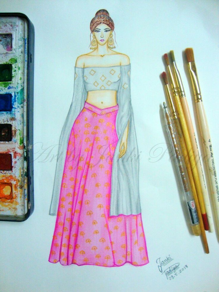 a drawing of a woman in a pink dress next to watercolor paints and brushes