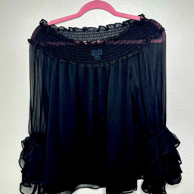 I Never Worn This Top- Brand New- Black Chiffon Off Shoulder To- Riffle Top- Sexy Top- Cece Top- Size Small Black Sheer Off-shoulder Top, Off-shoulder Chiffon Party Tops, Black Chiffon Blouse With Ruffles, Off-shoulder Party Blouse With Ruffles, Off-shoulder Ruffled Blouse For Party, Night Out Chiffon Blouse With Sheer Sleeves, Black Chiffon Evening Blouse, Chiffon Blouse With Sheer Sleeves For Night Out, Black Off-shoulder Blouse With Ruffles