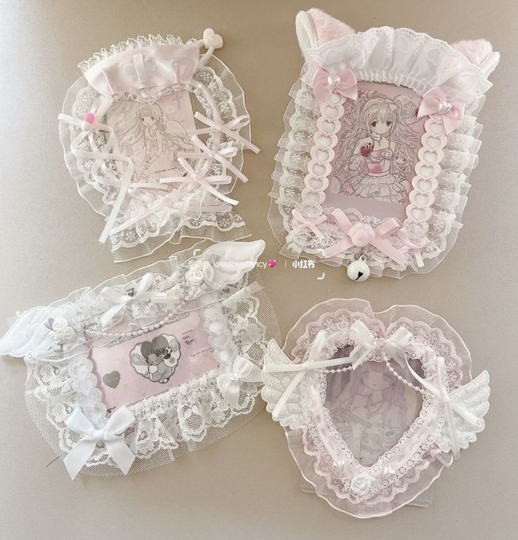 four pieces of white and pink lace with teddy bears on them are arranged in the shape of hearts