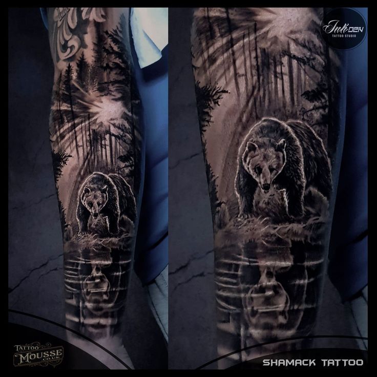 a man with a wolf tattoo on his arm and leg, next to an image of a bear