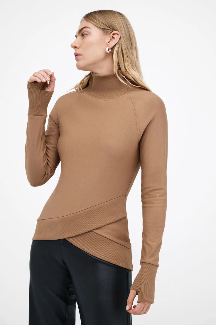 Chestnut Pullover Turtleneck Sweatshirt - Soren Sweatshirt | Marcella Modern Mock Neck Turtleneck Top For Fall, Chic High-neck Tops With Thumbholes, Modern Mock Neck Top For Fall, Spring Turtleneck With Ribbed Cuffs And Long Sleeves, Stretch Long Sleeve Knit Top For Work, Long Sleeve Stretch Knit Top For Work, Trendy Long Sleeve Top With Thumbholes For Fall, Trendy High Stretch Tops With Funnel Neck, Trendy High Stretch Funnel Neck Tops