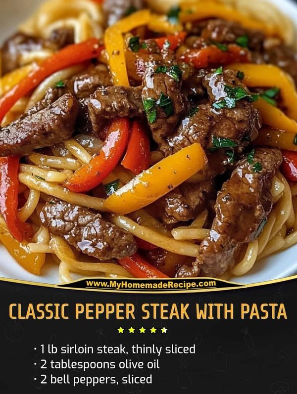 a plate of pasta with beef and peppers on it, in front of a black background