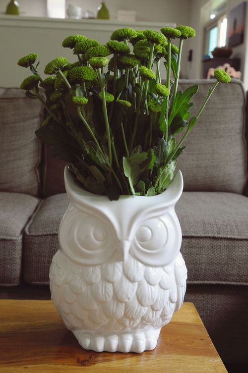 an owl planter with green flowers in it on a table next to a couch