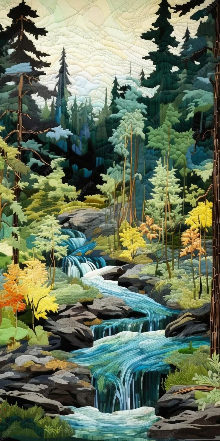 a painting of a stream running through a forest