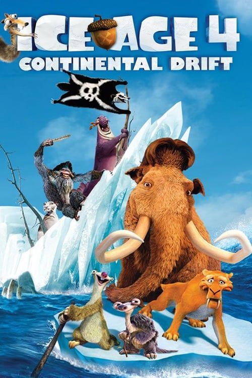 an ice age movie poster with animals and people on the ice floese in front of them