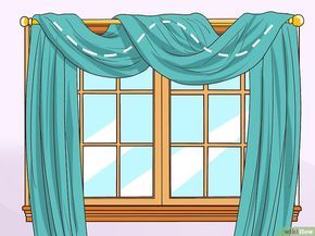 an open window with blue curtains on it