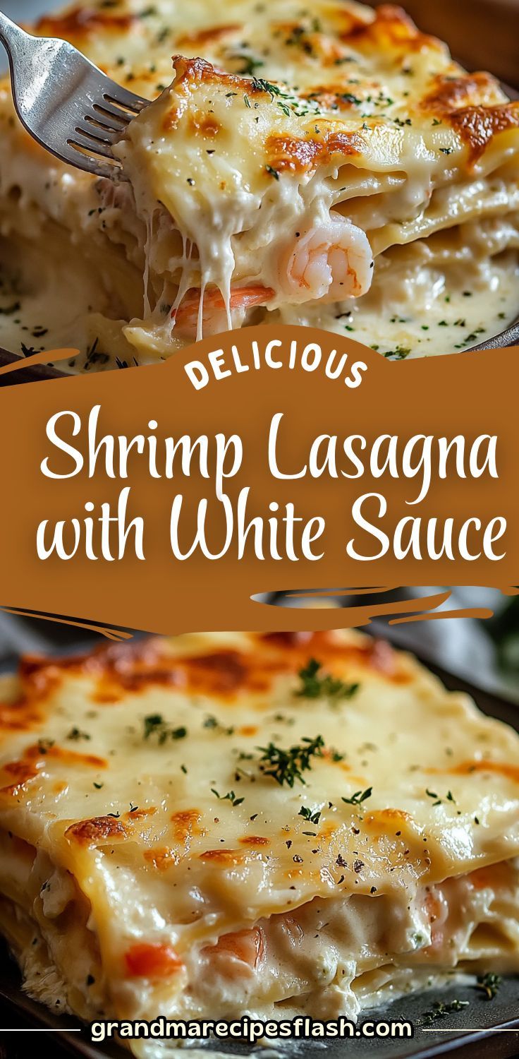 shrimp lasagna with white sauce is shown in two separate pans and has a fork