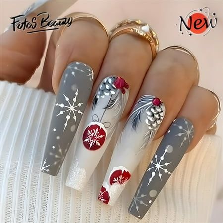 Click here to view more Fofosbeauty Press On Nails at lower price! Fofosbeauty--Festive Nail Art to Wear This Christmas! Press on nails 24 Pieces set 12 different sizes. Acrylic nails art accessories design 24 pcs set full nail design fake nail tips with free nail glue sticker sheet and mini nail file. These tools can help you wear fake nails better, and the operation is easy and convenient for everyone. Get into the holiday spirit with our exclusive Christmas-themed nail wraps! Perfect for addi Christmas Press On Nails, Festive Nail Art, Nagel Tips, Coffin Press On Nails, Christmas Nail Art Designs, Nails For Women, Nail Swag, Nail Forms, Festival Nails