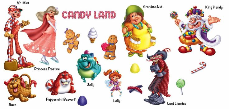 an assortment of cartoon characters with candy land