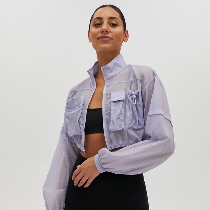 Cropped Semi Sheer Workout Jacket! Size Is M But Could Fit A S/M. Never Worn! Nwot. Spring Nylon Tops With Pockets, Fall Nylon Tops With Pockets, Spring Nylon Long Sleeve Utility Jacket, Spring Nylon Utility Jacket With Long Sleeves, Spring Nylon Tops For Work, Spring Nylon Tops For Workwear, New Details, Workout Jacket, Utility Jacket