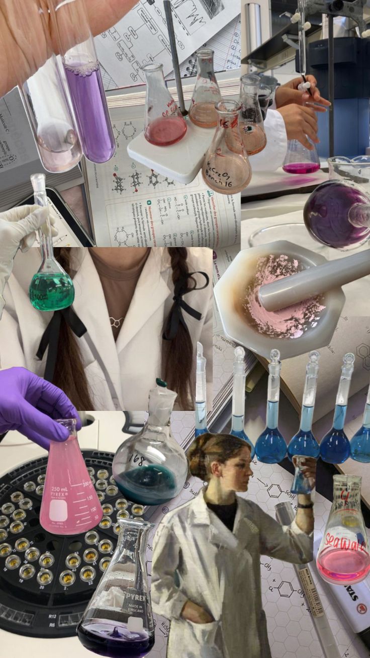 a woman in a lab coat and purple gloves is holding some flasks filled with liquid