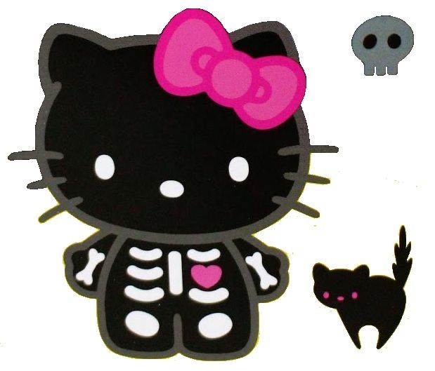 a hello kitty sticker next to a black cat and skull with a pink bow