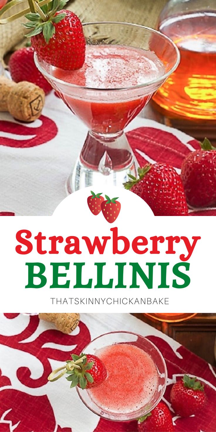 strawberry bellinis in martini glasses on a table