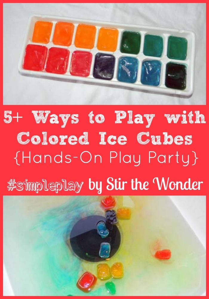 colorful ice cubes in a tub with text that reads, 5 ways to play with colored ice cubes hands - on play party